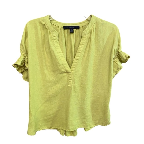 Andrew Marc New York Women’s Linen Blouse Size M Chartreuse Back Gather Design - Picture 6 of 9